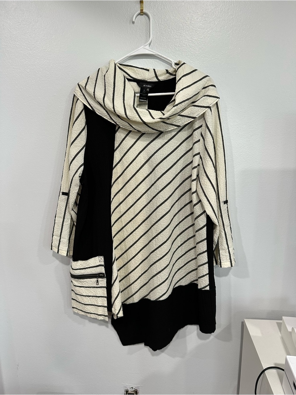 Ali Miles Black & Cream Striped Cowl Neck Sweater